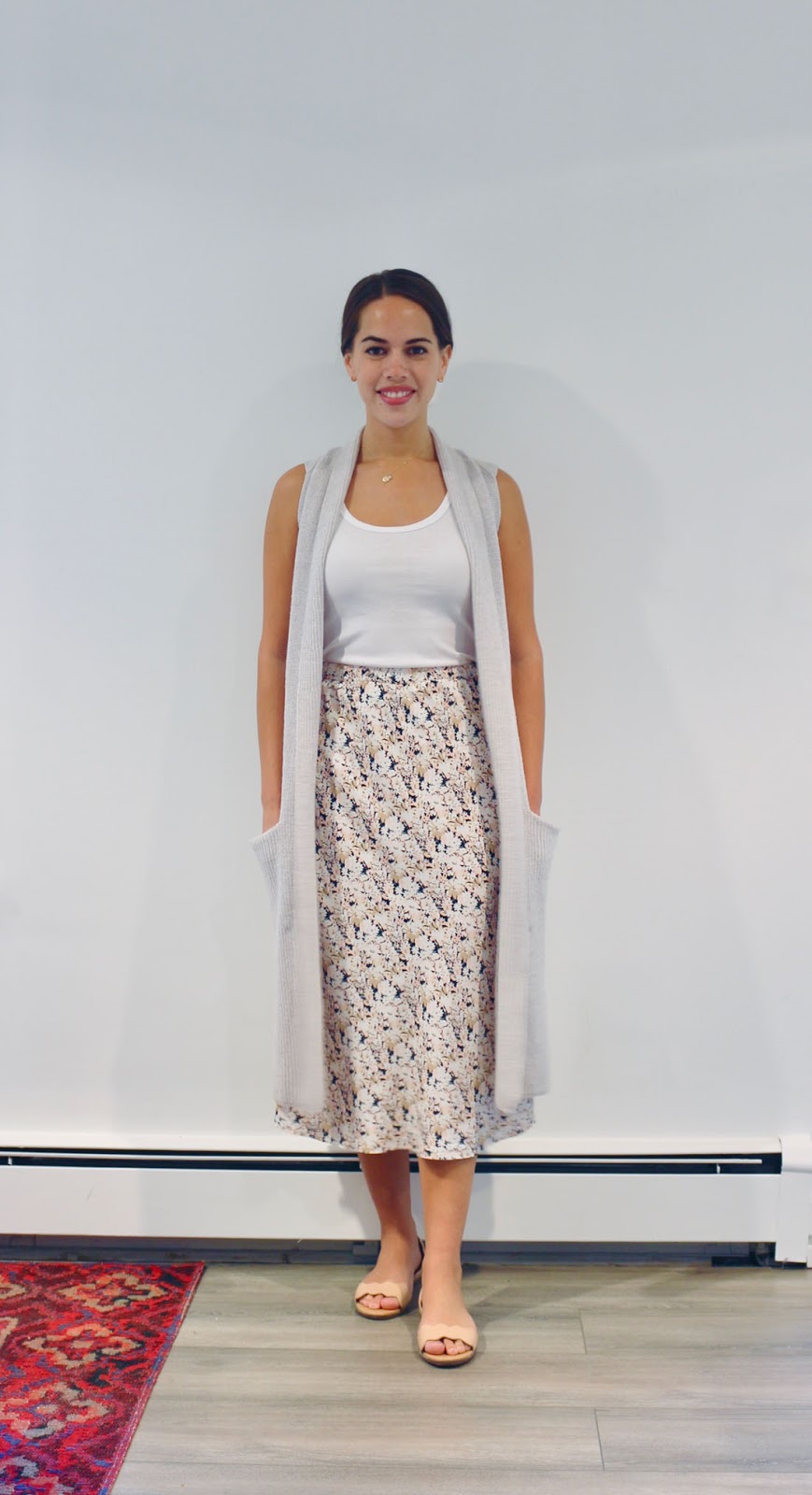 Jules in Flats -  Floral Print Midi Skirt with Tank & Sweater Vest (Business Casual Summer Workwear on a Budget) 