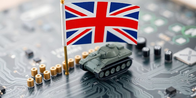 UK flag over a circuit board with a military tank.
