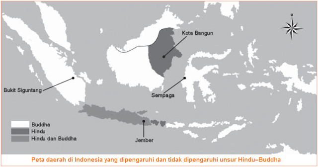 Peta daerah di Indonesia yang dipengaruhi dan tidak dipengaruhi unsur Hindu–Buddha