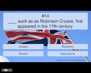 ___, such as as Robinson Crusoe, first appeared in the 17th century. Answer choices include: Essays, Mysteries, Novels, Epic poems