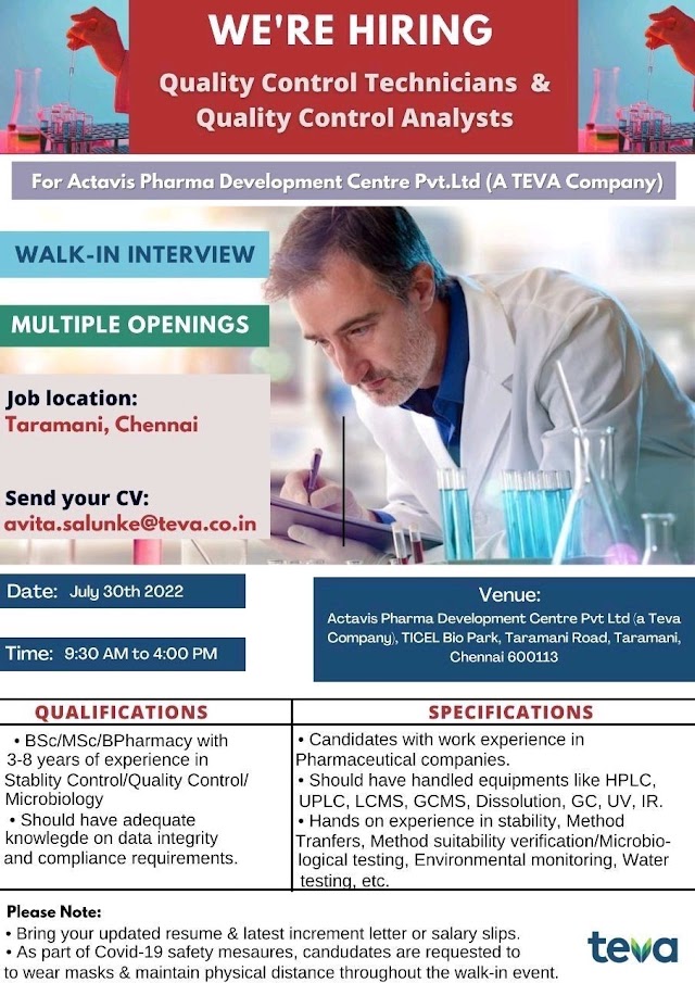 Teva Pharmaceuticals | Walk-in interview for QC/QA at Chennai on 30th July 2022