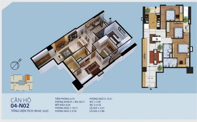 Diện tích : 99,43m2 ( 3 phòng ngủ, 2 vệ sinh )- căn hộ NO2-04