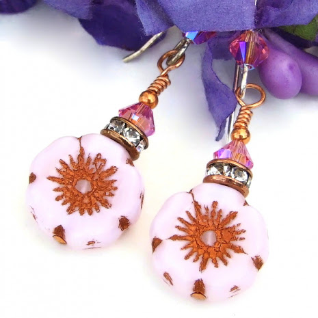 pink and copper flower earrings spring jewelry