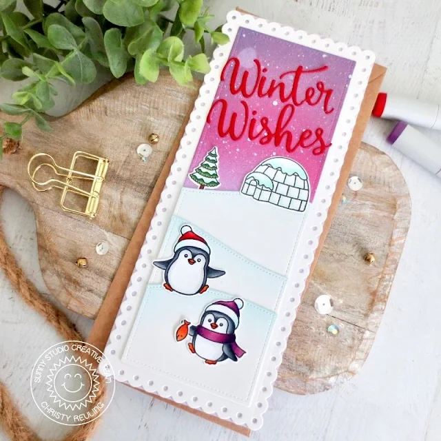 Sunny Studio Stamps: Slimline Dies Penguin Pals Winter Scenes Winter Card by Christy Reuling