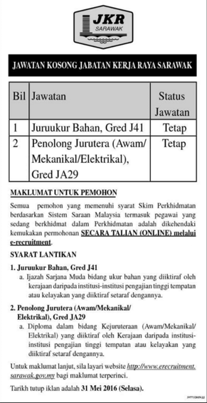 Jawatan Kosong Jabatan Kerja Raya (JKR) (31 Mei 2016 