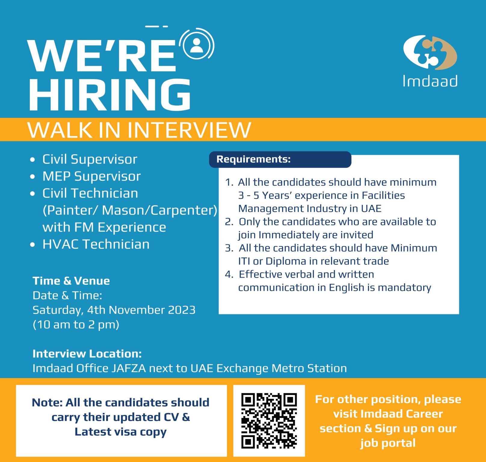 Walk-In Interview for Supervisors and Technicians | Imdaad Group | Dubai