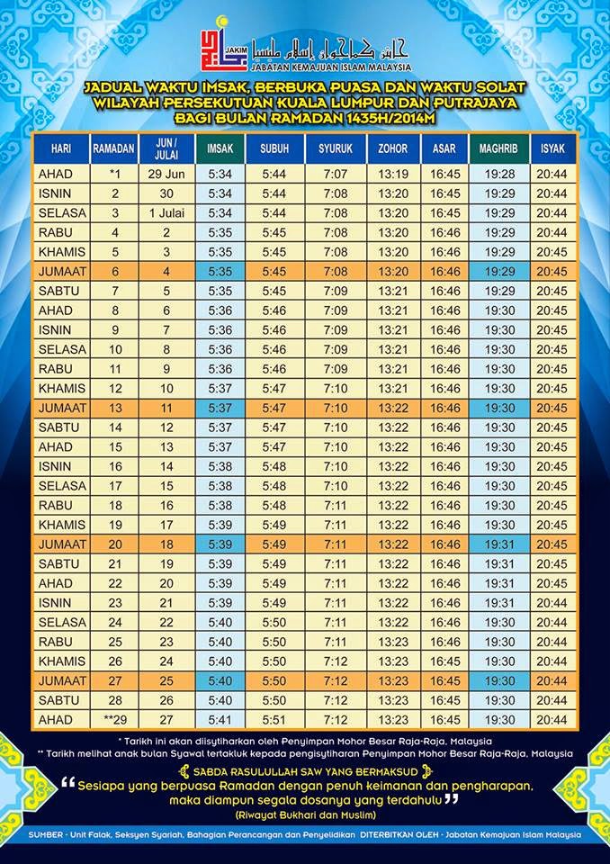 Jadual Waktu Imsak, Berbuka Puasa dan Waktu Solat Ramadhan 