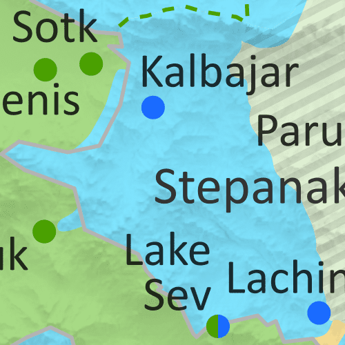 Preview thumbnail of map of territorial control in Azerbaijan and Armenia, including the disputed Nagorno-Karabakh region and the self-proclaimed Republic of Artsakh as well as clashes along the two countries' official border. Updated to October 2022, showing Azerbaijan's apparent territorial incursions into Armenia proper, as well as still-contested sites in Nagorno-Karabakh and the new location of the replacement for the Lachin corridor. Now includes terrain. Colorblind accessible.