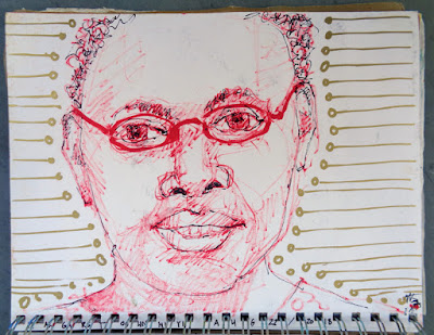 Portrait of Margaret Ogunniyi, oil paint marker and China marker in 9x12 sketchbook