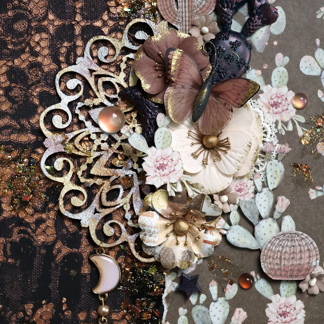 Mixed Media Canvas made with: Prima Marketing Golden Desert paper, flowers, mould and metal charms; Prima chipboard; Finnabair metallic flakes and golden dragon effect paste