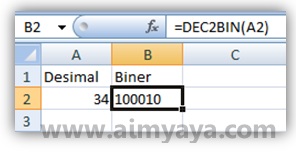  Gambar: Contoh penggunaan salah satu fungsi konversi bilangan (desimal ke biner) di Microsoft Excel