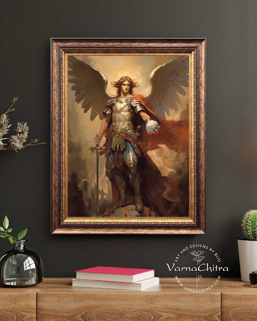 Blank wall to classy interior with a spiritual touch, St Michael the archangel, impasto oil painting by Biju Varnachitra