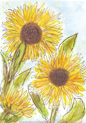 Pen and wash sketch of sunflowers against a summer sky.