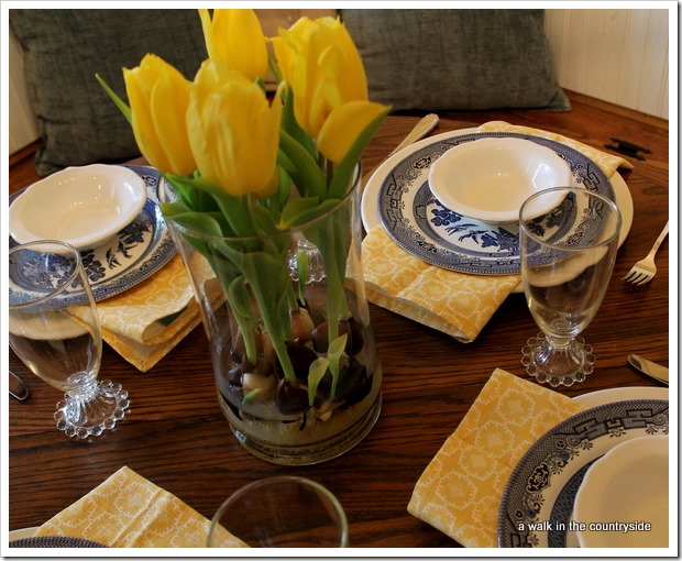 blue willow and yellow table