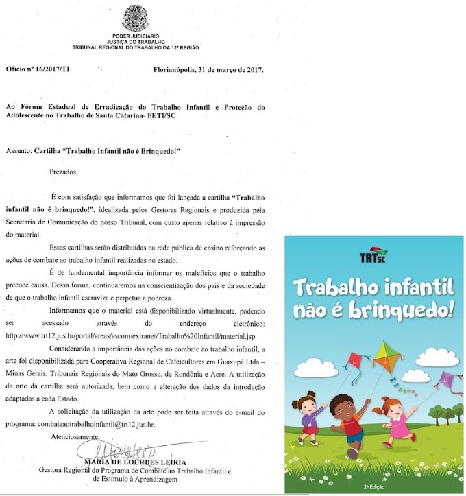 Cartilha "Trabalho infantil não é brinquedo" do TRT SC para reprodução