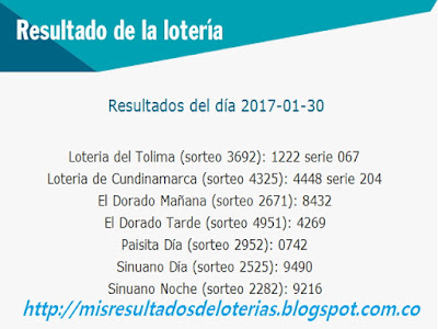 Loterias de Hoy | Resultados diarios de la Lotería y el Chance | Enero 30 2017