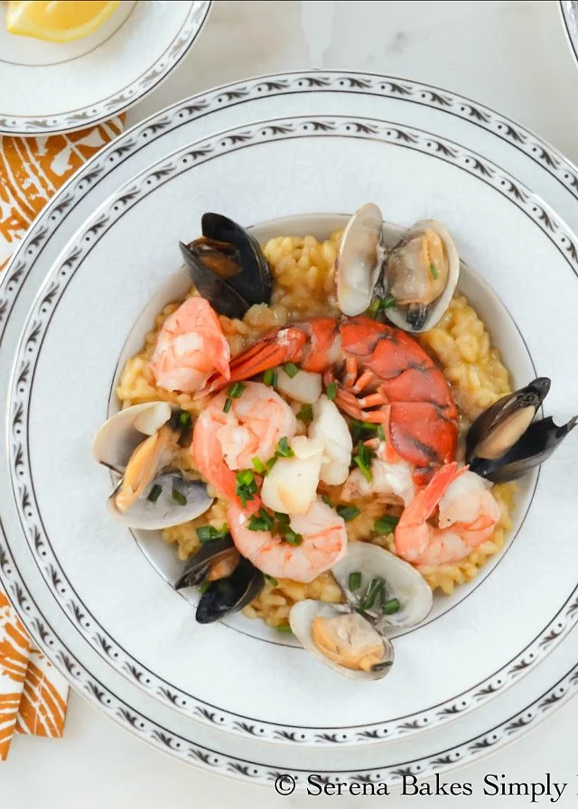 Creamy Seafood Risotto with lobster, mussels, clams, shrimp and scallops from Serena Bakes Simply From Scratch.