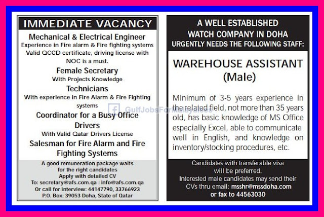 Immediate Vacancies for Doha, Qatar