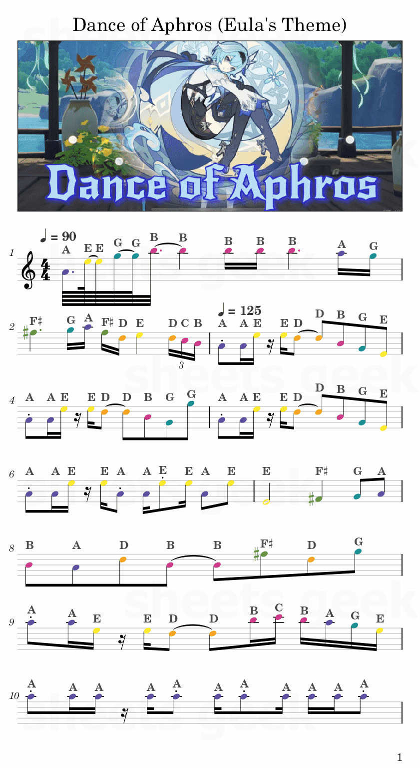 Dance of Aphros Eula's Theme - Genshin Impact Easy Sheet Music Free for piano, keyboard, flute, violin, sax, cello page 1