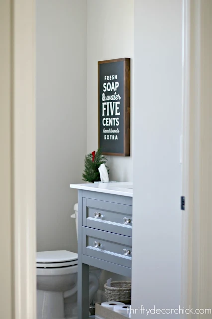 light gray open vanity bathroom