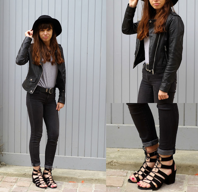 Black lace up heels from Minelli, skinny zara and a grey t shirt 