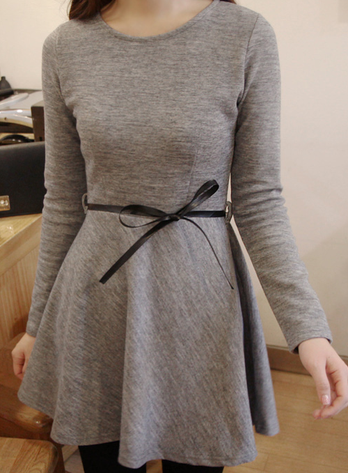 Long Sleeved A-Line Dress with Bow Belt