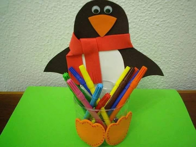 Idea to make something from bottle for kids : penguins pencils case