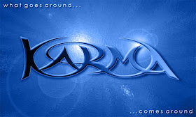 Karma what goes around comes around image on blue background 