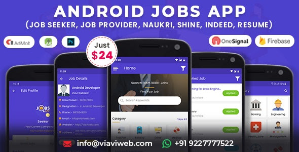 Android Jobs App v1.3 (Job Seeker, Job Provider, Naukri, Shine, Indeed,
Resume)