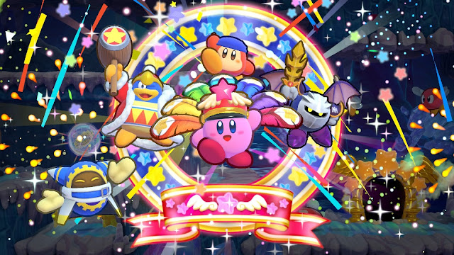Imagem da habilidade Festival em Kirby's Return to Dream Land Deluxe. Kirby, Rei Dedede, Bandana Waddle Dee, Magolor e Meta Knight posam para a câmera em ar festivo.