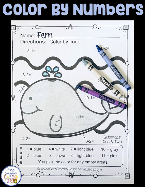 Addition & Subtraction Ocean Fun - TEN Color By Numbers Printables for some Ocean Math Fun in your classroom! Looking for a resource to excite and engage your students? Print this packet, add it to your weekly plans and you're all done. Your students will love working on these skills during seat work, bellwork, center time, small group lessons, morning work, tutoring... they are even perfect for homework! Are your parents asking for extra work for their children? #FernSmithsClassroomIdeas