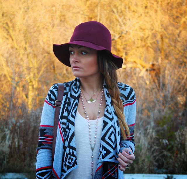 H&M hat, aztec print sweater, boho look