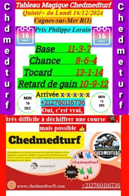 Pronostic Pmu Quinté+ du Lundi 16 Décembre 2024 : Prix Philippe Lorain à Cagnes-sur-Mer