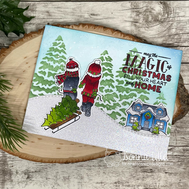 Donna Idlet, Newtons Nook Designs, Holiday Homes Stamp Set,  Evergreen Stencil, alcohol markers, Christmas Card,