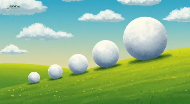 A small snowball at the top of a hill, gradually growing larger as it rolls down, symbolizing what is compound interest.