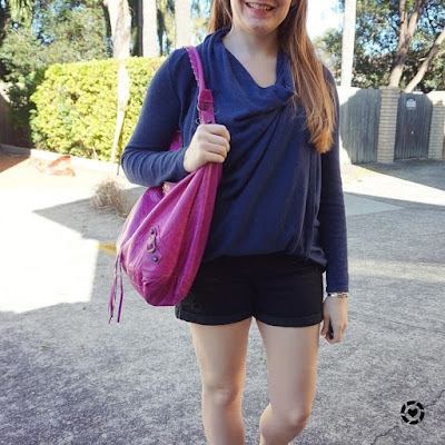 awayfromblue instagram: navy cowl neck knit, denim shorts, Balenciaga Magenta day bag