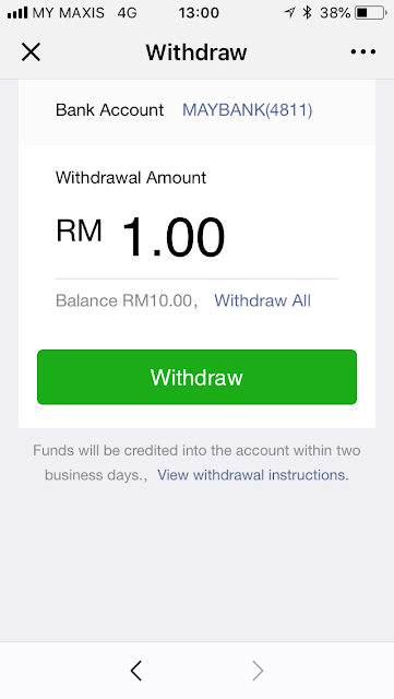 WeChat Pay: withdraw balance to Maybank
