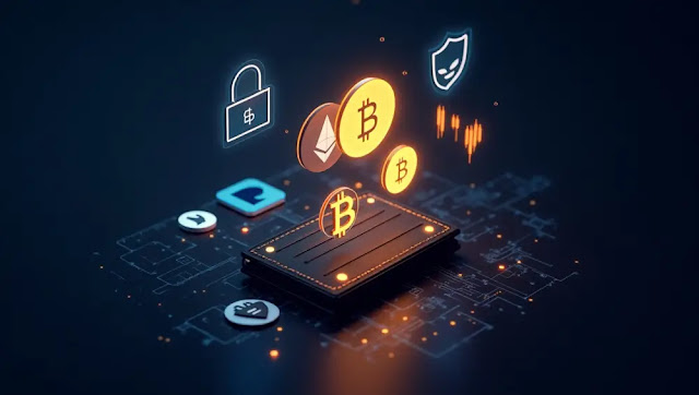 Digital wallet with Bitcoin and Ethereum icons above a glowing PayPal logo, symbolizing anonymous crypto purchase without ID verification.
