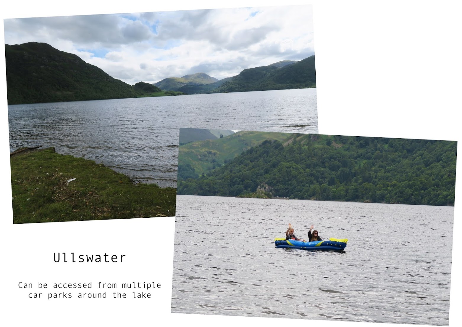 two images. the first image is a view of Ullswater lake from the shore. The second image is of Grace and her father in a blow up kayak