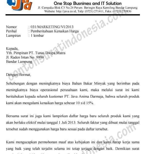 contoh surat pemberitahuan kenaikan harga