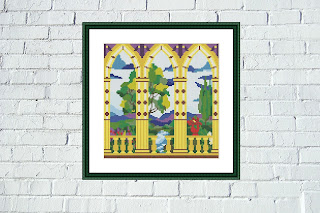 Summer terrace cross stitch pattern Colorful landscape embroidery design - Tango Stitch