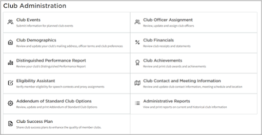 Club Central menu - bottom section