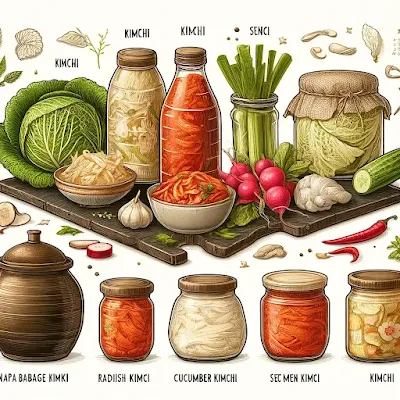 Various types of kimchi, including Napa cabbage kimchi, radish kimchi, cucumber kimchi, and white kimchi, each labeled and shown in a traditional Korean setting with earthenware jars and ingredients like chili peppers, garlic, and ginger.