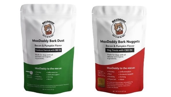 Max Daddy CBD supplements for dogs and bacon flavored dog treats