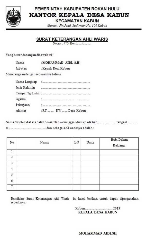  merupakan surat keterangan yang isinya yaitu pernyataan bahwa pihak pembuat Surat Ketera Contoh Surat Keterangan Ahli Waris