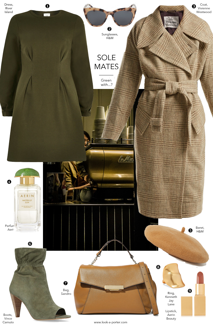 styling olive green dress, tweed coat, vince cameo booties, sandro bag for look-a-porter.com outfit ideas