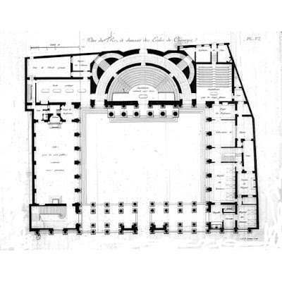 Plano de la Escuela de Cirugía de París con su teatro anatómico semicircular a un lado del patio