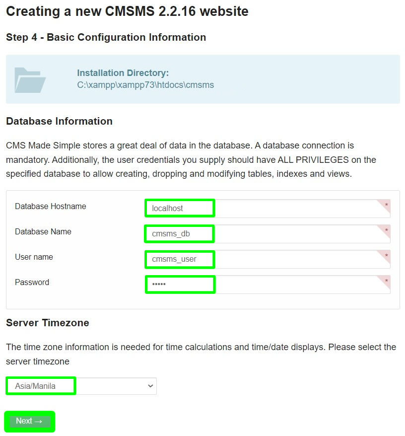 cmsms installation database information