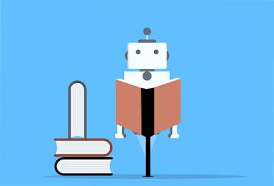 A cartoon robot sitting on a stool, reading a book. There is a stack of books on the floor to the left of the robot.