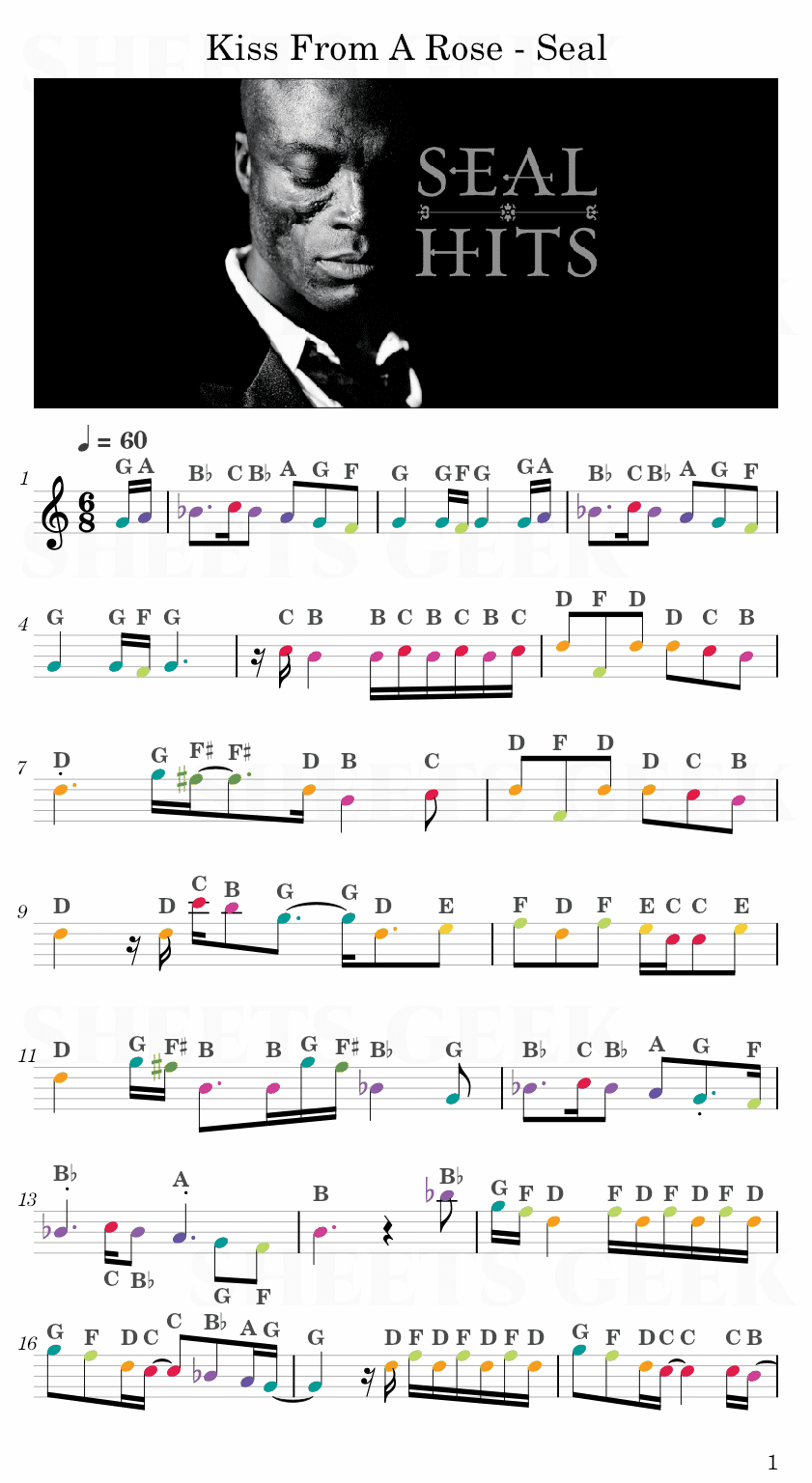 Kiss From A Rose - Seal Easy Sheet Music Free for piano, keyboard, flute, violin, sax, cello page 1
